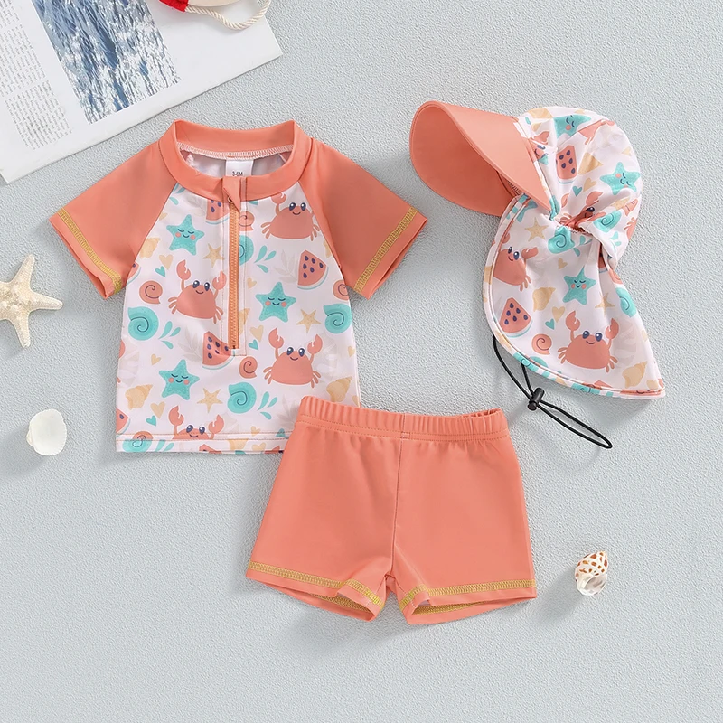 Boys Three Piece Rash Guard Swimsuits Kids Short Sleeve Dinosaur Tops Shorts Swimwear Sets with Sun Hat 3M-3T