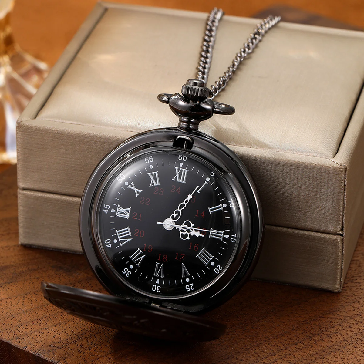 Vintage Charm Black Unisex Fashion Roman Number Quartz Steampunk Pocket Watch Women Man Necklace Pendant with Chain Gift