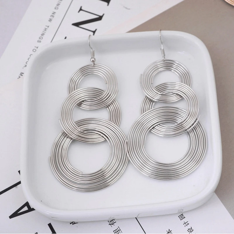 Exaggerate Round Statement Drop Earrings for Women European Party Big Jewelry Vintage Silver Color Metal Circle Long Earrings