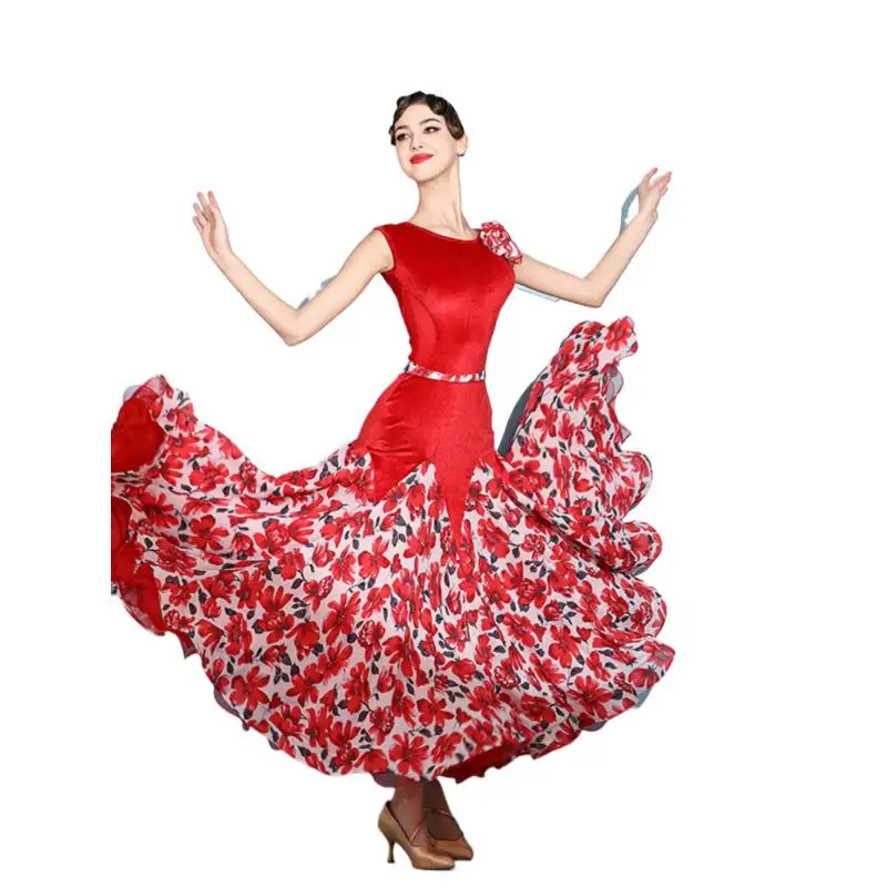 2024 현대 무용 원피스 민소매 벨벳 국가 표준 무용 공연 왈츠 볼룸 댄스 원피스 2122 