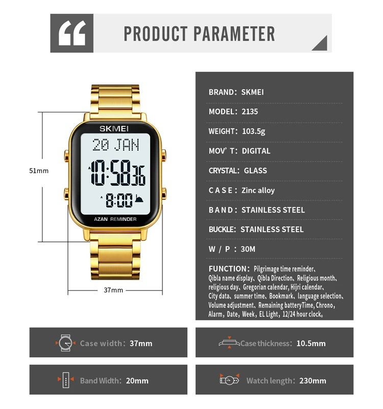 SKMEI For Prayer with Qibla Compass Adhan Alarm Hijri Islamic Wristwatches Clock Back Light Display Muslim Azan Digital Watches 6