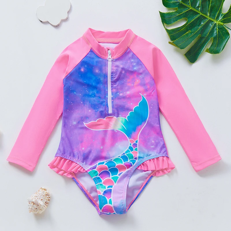 One Piece Swimsuit Girls Rash Guard Long Sleeve Ruffle Trim