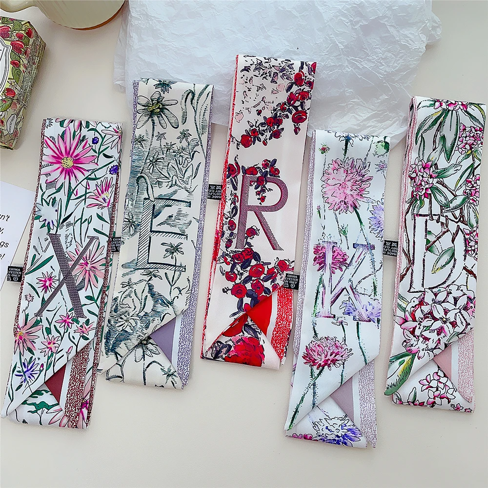 Korean 2024 Summer New Tarot Brand Plant Flower 26 Letter Women's Decoration Twill Streamer Silk Scarf Tie Bind a bag Ribbon 5