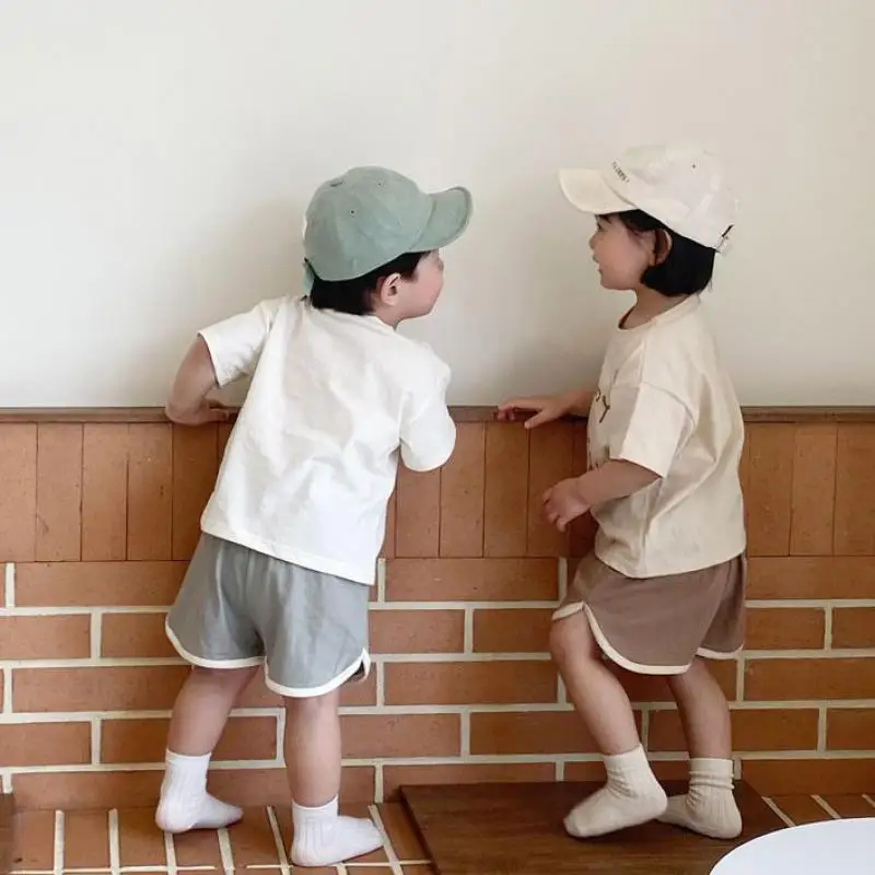 Baby Boy Summer Sports Set Girl Simple Smiley Letter Short Sleeves Tops Casual T-shirt Kid Loose Comfortable Cotton Shorts Suit baby outfit matching set