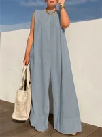 Lemongor Women's Shoulder Pad Jumpsuits 2025 New Summer Sleeveless Solid Color Oversize Loose Casual Fashion Wide Leg Jump Suits - Image 2