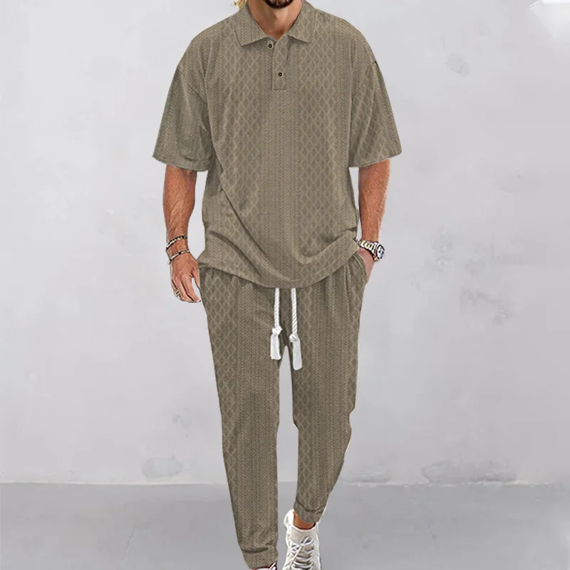 

Casual Solid Two piece Set Men Clothing Fashion Short Sleeve Button Polo Shirt And Long Pants Suit 2024 Jacquard Loose Tracksuit