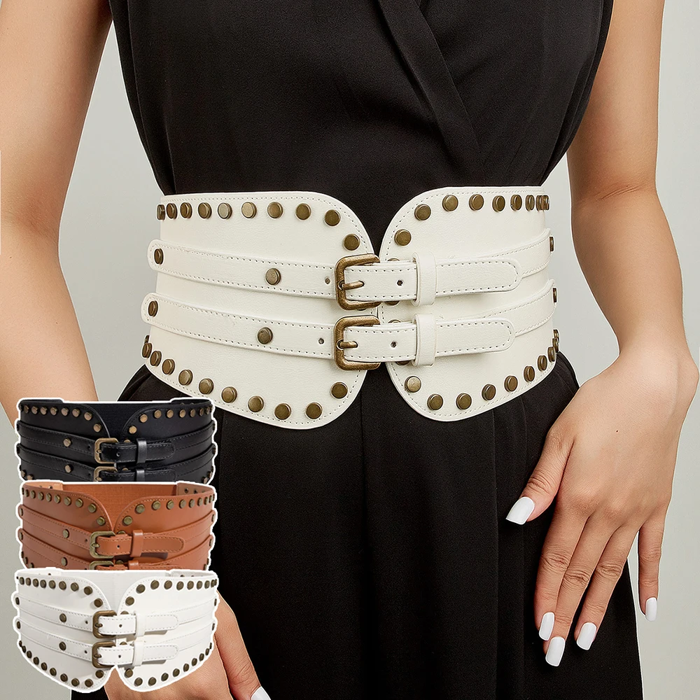 

Adjustable Metal Double Buckle Leather Rivet Ultra Wide Belt New Metal Buckle Elastic Waistband Leather Rivet Ultra Wide Belt