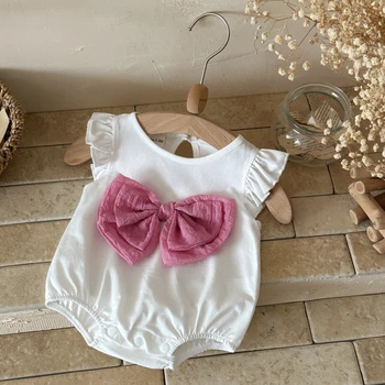 Tutina per Neonata, Abbigliamento Estivo, Body Senza Maniche con Fiocco Rosa, per Bambine e Neonati