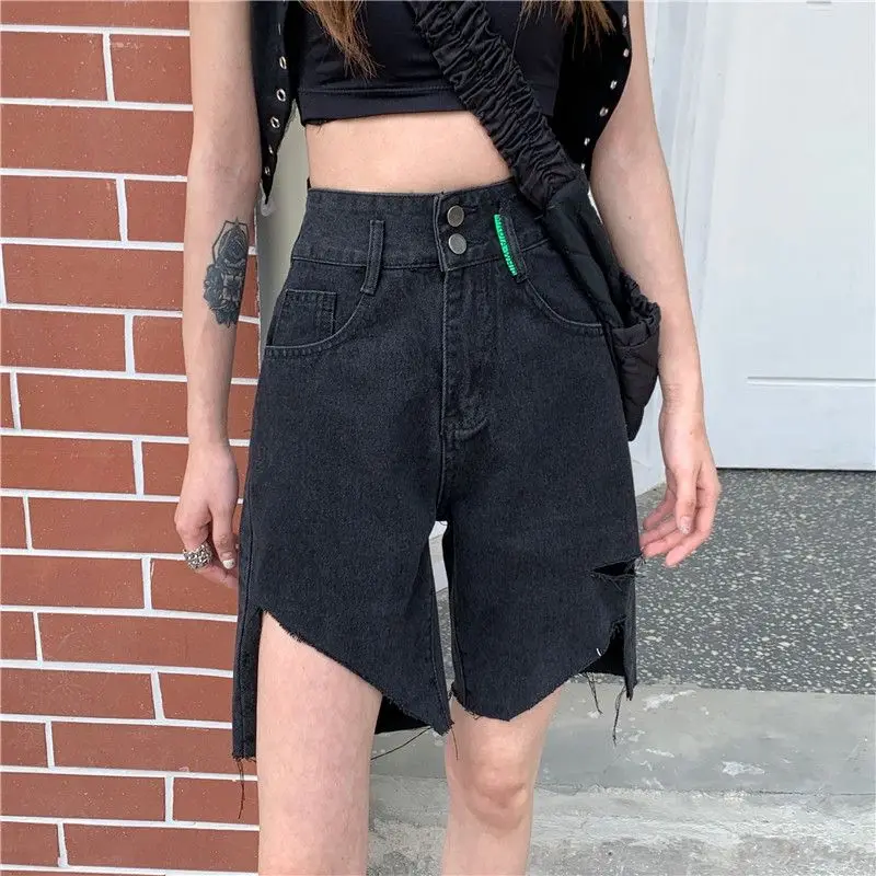 Denim Shorts Black Ripped Irregular High Waist Straight Women 2024 Summer Korean Version Slimming Raw Edge Five-Point Hot Pants