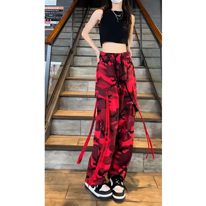 Women's Retro Camouflage Elastic Waist Pocket Drawstring Straight Tube Workwear Fashion Versatile Autumn New Loose Casual Pants elmsk workwear pants men s handsome hip hop wide leg pants straight tube loose fitting oversized leggings trendy and versa