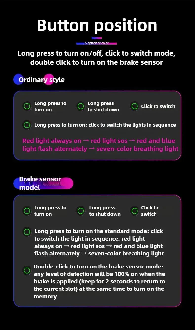 Smart Brake Sensing Light Colorful Bicycle Rear Light LED Night Safety Warning Light Type-C Rechargeable Bike Accessories
