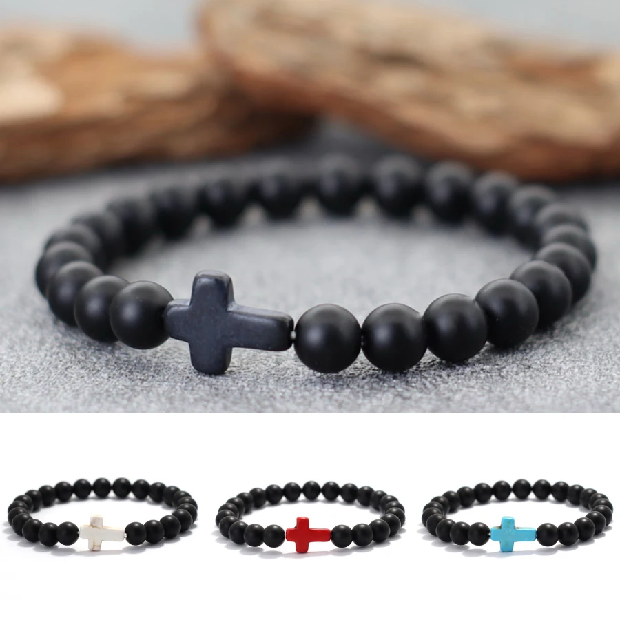 Men Onyx Stone Cross Bracelet 8mm Strand Beach Casual Accessories