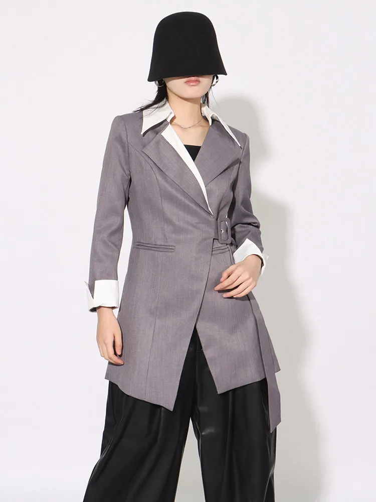 BPN Casual Hit Color Blazers For Women Notched Collar Long Sleeve Patchwork Belts Temperament Blazer Female Fashion Clothing New