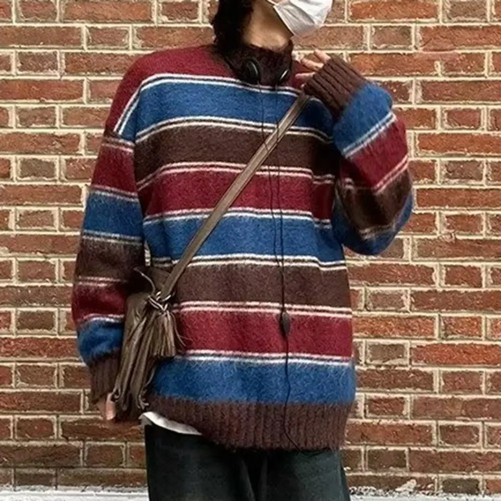 

Men Warm Sweater Stylish Men's Striped Knitted Sweater Thick Warm Pullover with High Collar Loose Fit for Fall/winter Spring Men