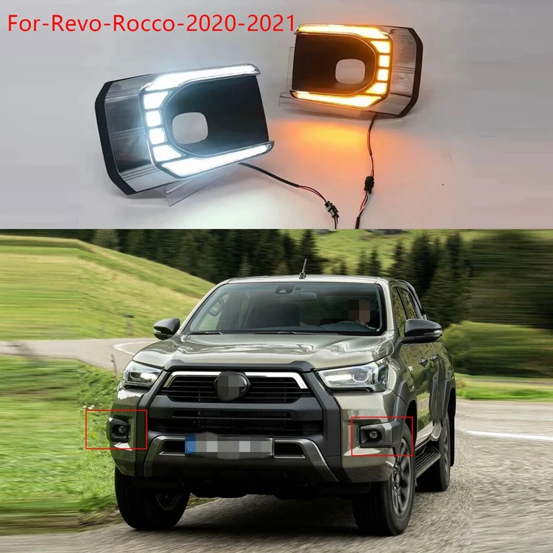 

For Hilux Revo Rocco 2020 2021 LED DRL Daytime Running Light With Turn Signal Bumper Fog Lights Driving Lamp Silver