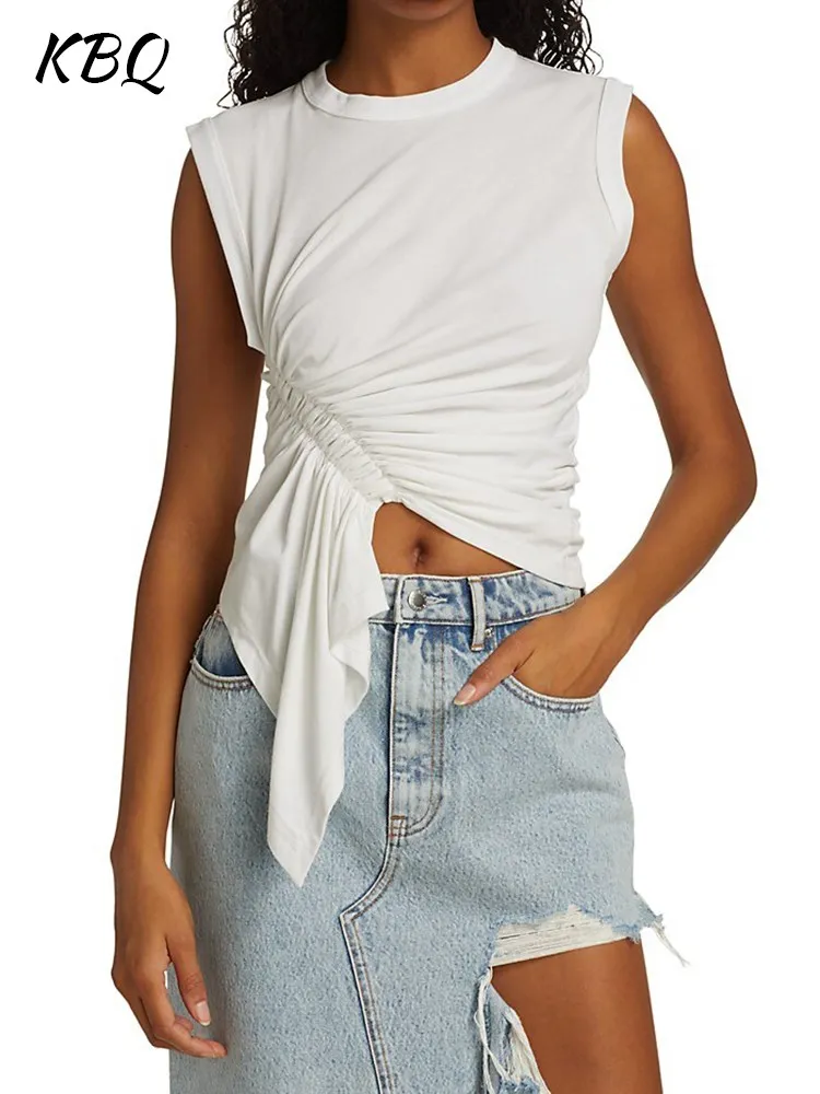 

KBQ Solid Asymmetrical Hem T Shirts For Women Roud Neck Sleeveless Folds Casual Slim Pullover Tops Female Summer Fashion Clothes