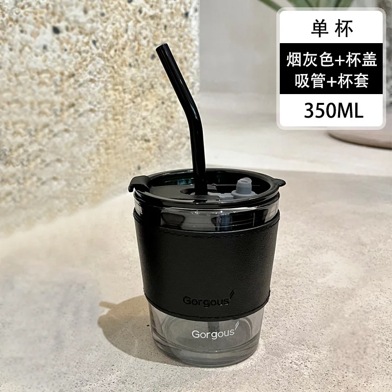 350/450ml Coffee Glass Cup Water Bottle Thick Glass Mug Heat-Resistant Milk  Juice Cup Travel Sealed Non-slip Set Straw Mug