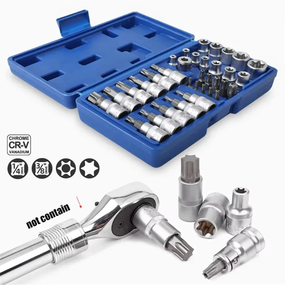 Professional 34pcs Torx Bit Socket & E-Torx Star Socket Set 1/4" 3/8" 1/2" Drive Male Female E-torx Bits Handheld Tool with Case 3