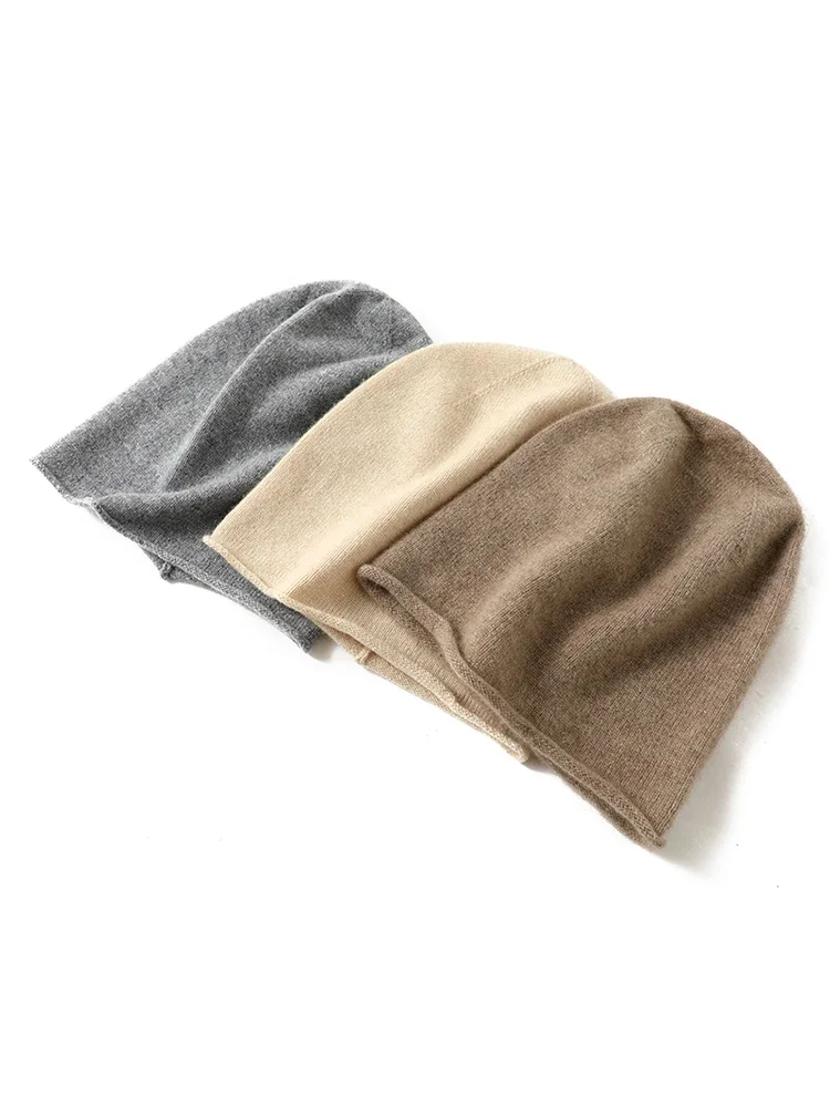 Women 100% Pure Cashmere Beanies Solid Caps Rolled Hem Hat Casual Basic Soft Autumn Winter Real Cashmere Warm Sleep Hair Bonnet 2