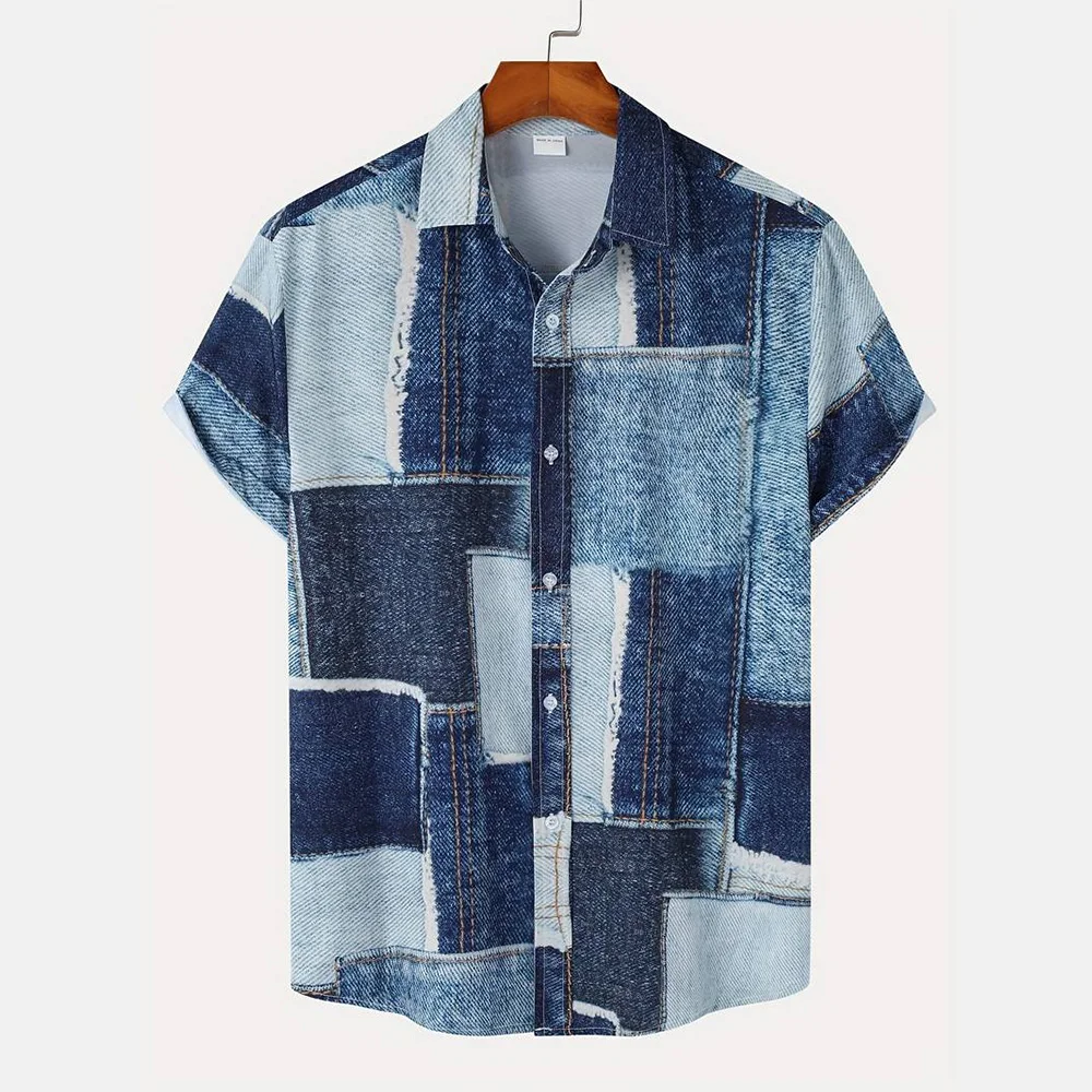 Men's Hawaii Shirt Summer Lapel Denim Patchwork Print Men's Shirt Casual Fashion Short Sleeve T Vintage Fun Menswear