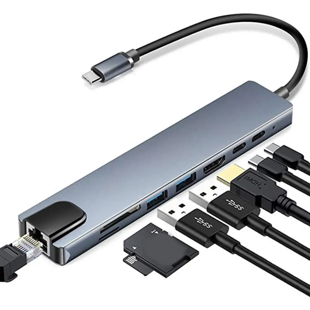 

Разветвитель USB Type-C 8-в-1, адаптер HDMI Type-C на 4K, PD, устройство для быстрой зарядки RJ45, SD/TF, для ноутбуков Macbook Pro