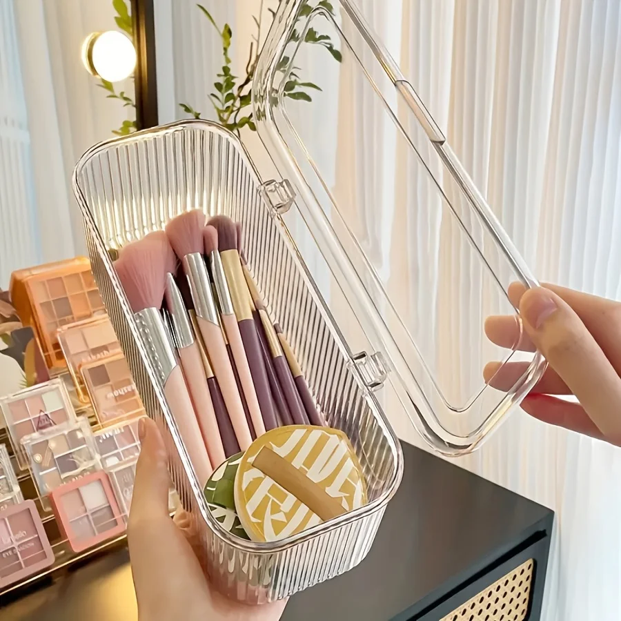 1pc Acrylic Makeup Organizer with Lid - Dustproof Cosmetic Storage Box for Brushes Portable Beauty Sponges & Powder Puffs 3