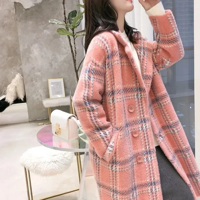Mink Fleece Autumn/Winter Checkered Coat Medium Long Korean Loose Knitted Coat 2023 New Thickened Sweater Set Collar Coat Pink
