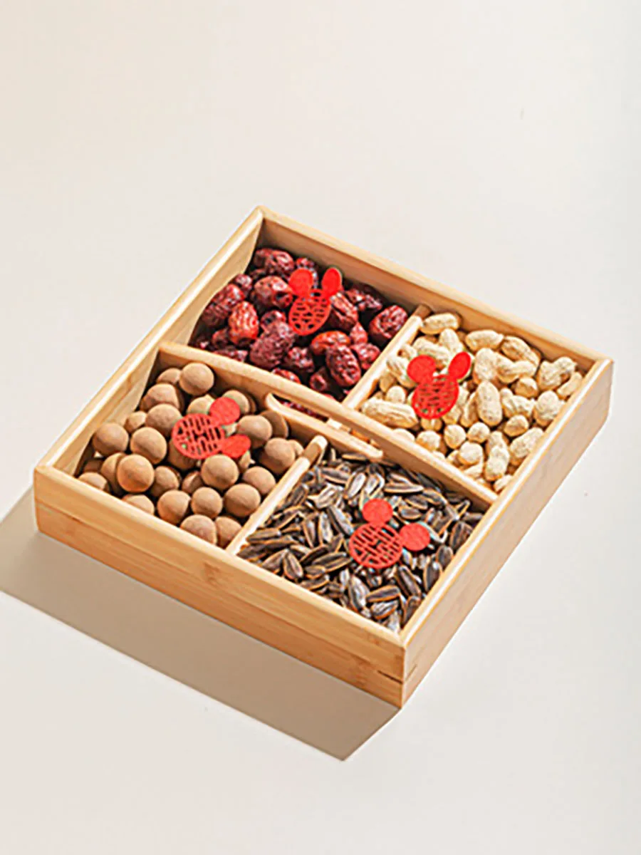 Bamboo Nut and Candy Serving Tray, Party Appetizer Platter, Veggie Dish, Candy Bowl for Chinese Red Wedding Party Supply Gifts