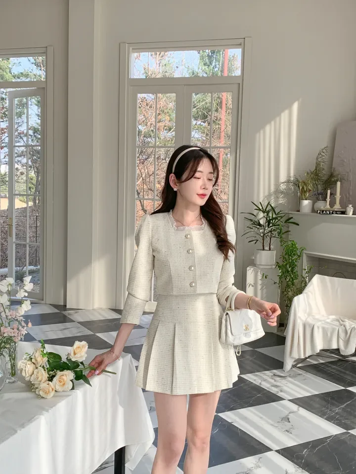 Korean Fashion Elegant Tweed Short Jacket Cropped Coats + High Waist Mini Skirts Suits Autumn New Slim Women Two-Piece Sets