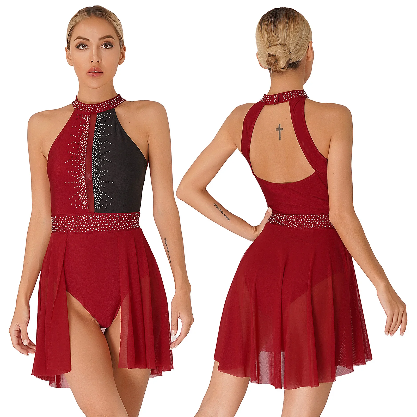 thumbnail image 1 of Vestido de baile lírico de Ballet con diamantes de imitación brillantes para mujer, vestidos de leotardo modernos con espalda descubierta, traje de actuación de baile y patinaje artístico, 1 of 5