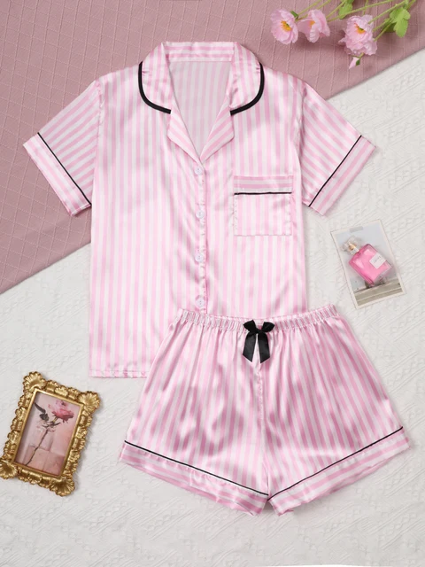 Satin Silk Women Pajamas Set Short-Sleeved Student Homewear Two-Piece Cardigan Lapel Senior Sense of Pink Striped Large Size