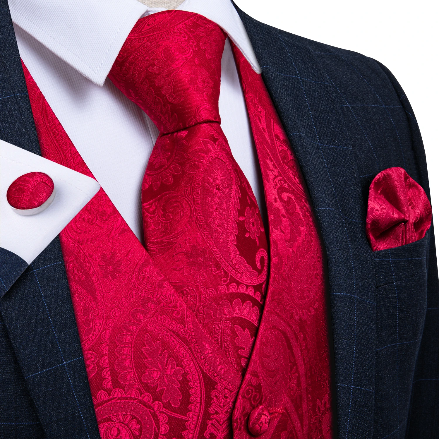 Wedding Red Paisley Vest for Man Groom Luxury Business Tie Bowtie Pocket Square Cufflinks Set Party Sleeveless Dress Waistcoat 2