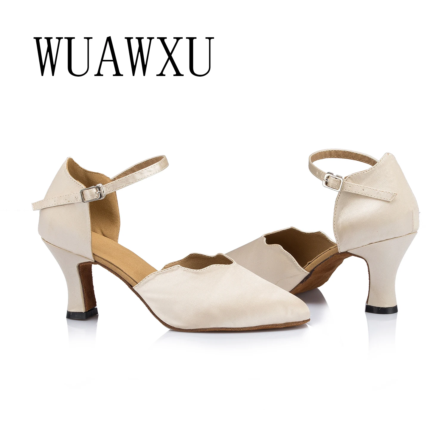 NATASHA2023 Women's Adult Medium Heel 7.0 Off White Satin Friendship Dance Soft Sole Dance Shoes 4
