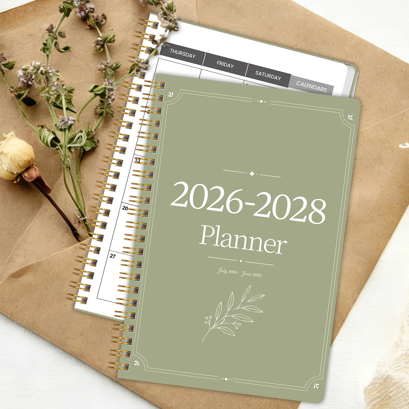 2026-2028 월간 플래너, 세이지 그린 미니멀리스트 보태니컬 스파이럴 캘린더 ..