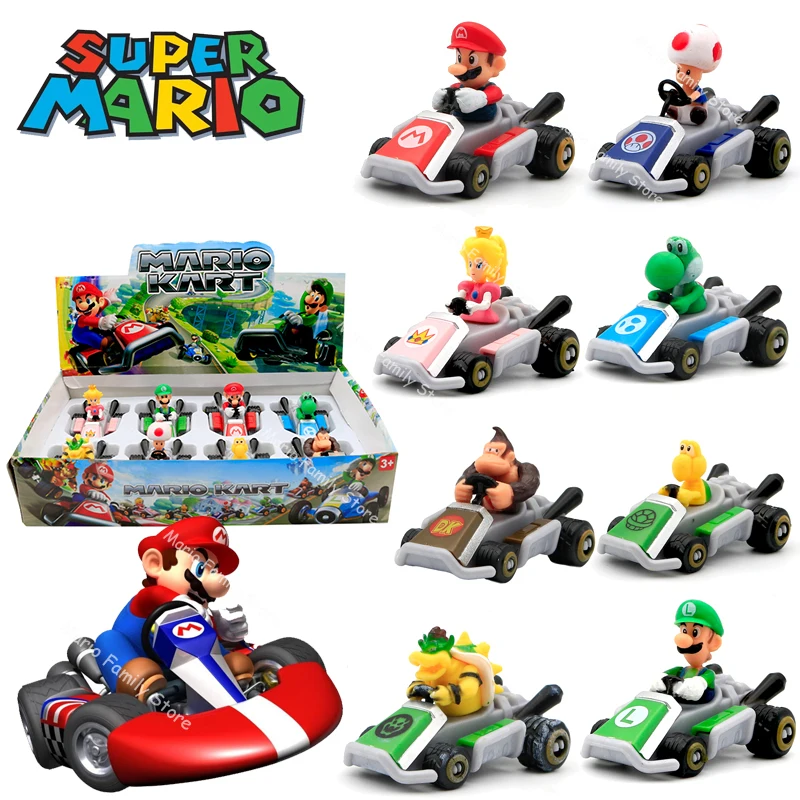 8Pcs Super Mario Bros Car Toy Model Anime Sliding Racing Car Action Figure Cartoon Children Karting Olliging Toy Ornaments Gift