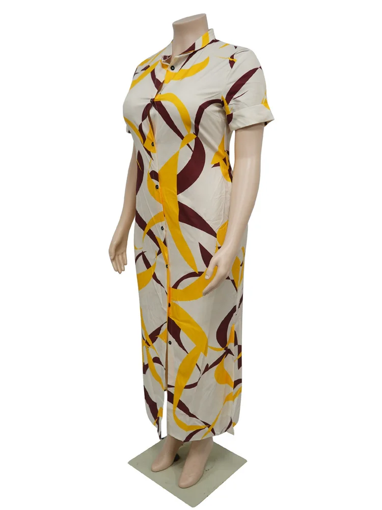 Wmstar Plus Size Dresses for Women Printed Short Sleeve Fashion Party Bodycon Stretch Button Maxi Dress Wholesale Dropshipping