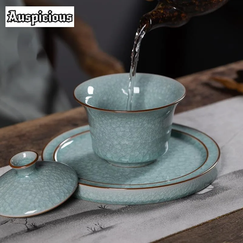 170ML Longquan Celadon Hand Grasping Gaiwan Handmade Ice Crack Galze Cover Bowl Tea Tureen Tea Maker Cover Bowl Teaset Gift Box