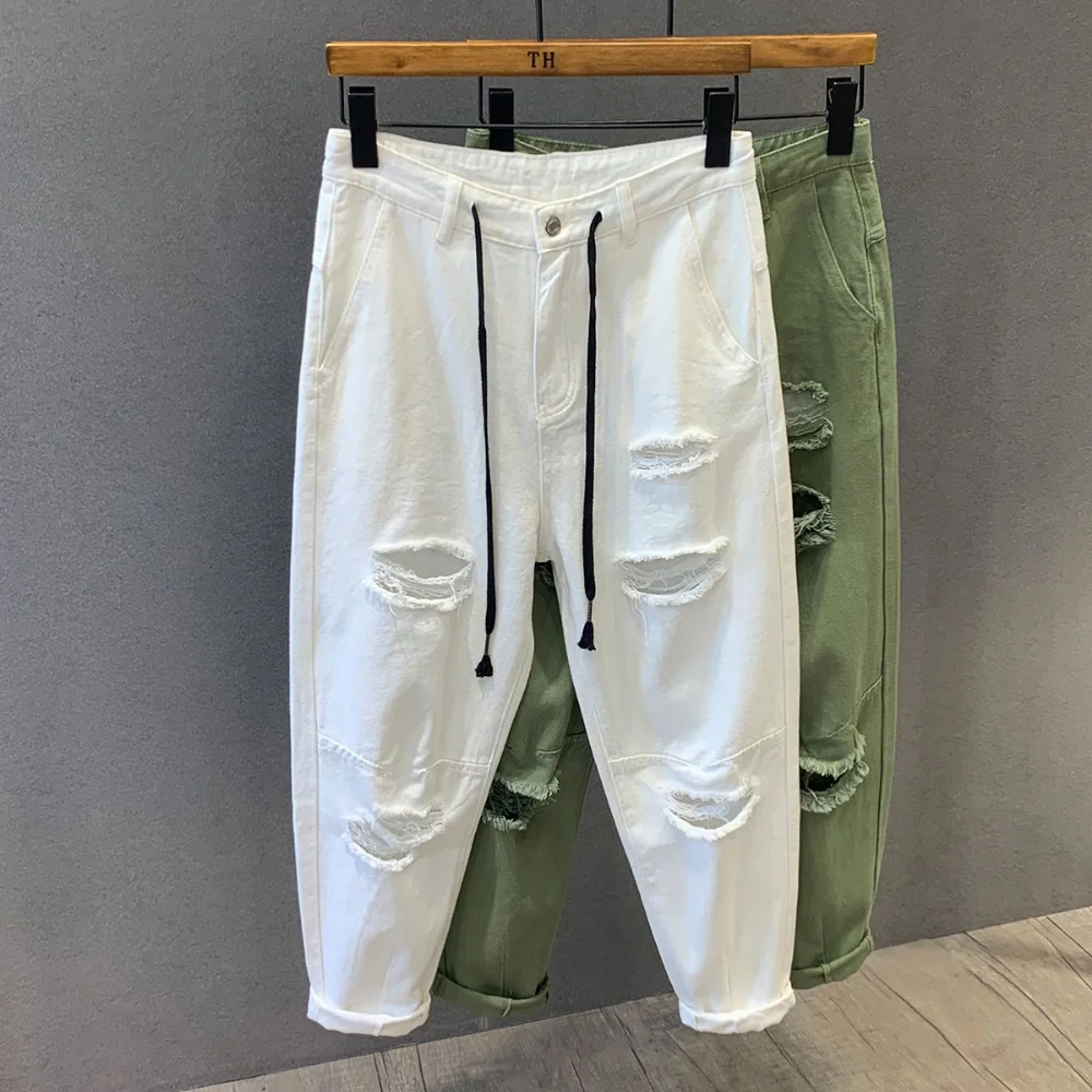 2023 streetwear 패션 블랙 찢어진 스키니 청바지 남성 슬림 힙합 데님 바지 남성 조깅을위한 새로운 봄 캐주얼 청바지