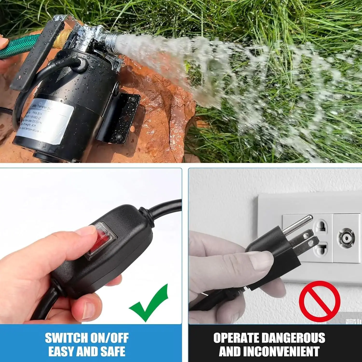 Water Transfer Pump 115V 1/10HP Electric Utility Pump with On/Off Switch 2 * 6 ft Water Hoses Kit for Removing