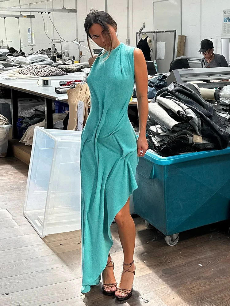 Sisterlinda Trend Mode Sexy Langes Kleid Damen Rückenfrei O-Ausschnitt Ärmellos Unregelmäßiger Saum Urlaub Gerafftes Elegantes Kleid
