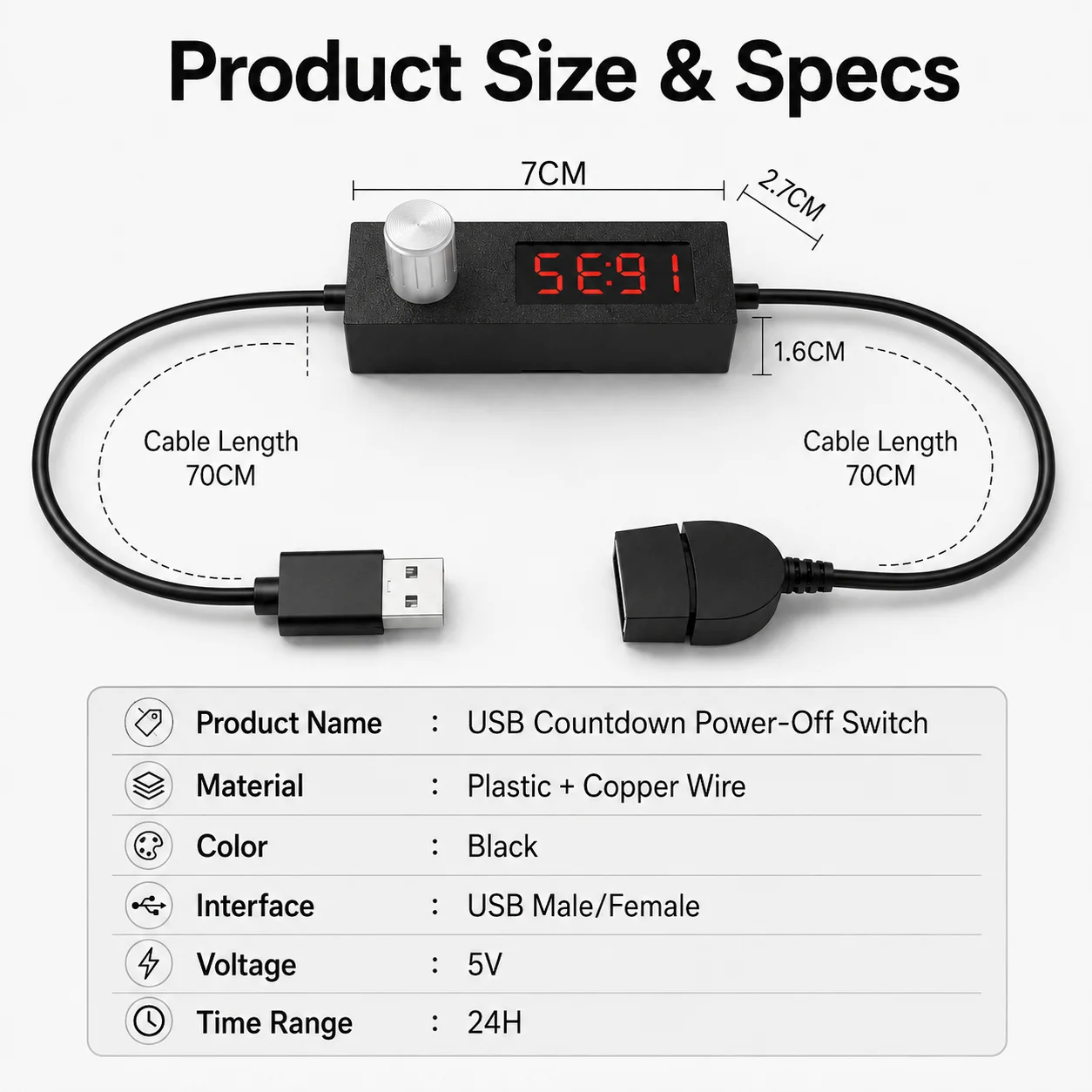 USB Adjustable 24H Countdown Timer Power Off Switch Controller Cable