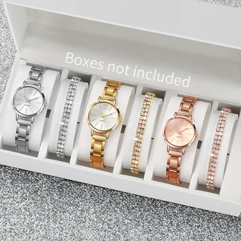 6 Pçs/set Relógio Feminino Moda Banda de Aço Relógios de Quartzo Conjunto de Pulseiras de Diamante (Sem Caixa) 1