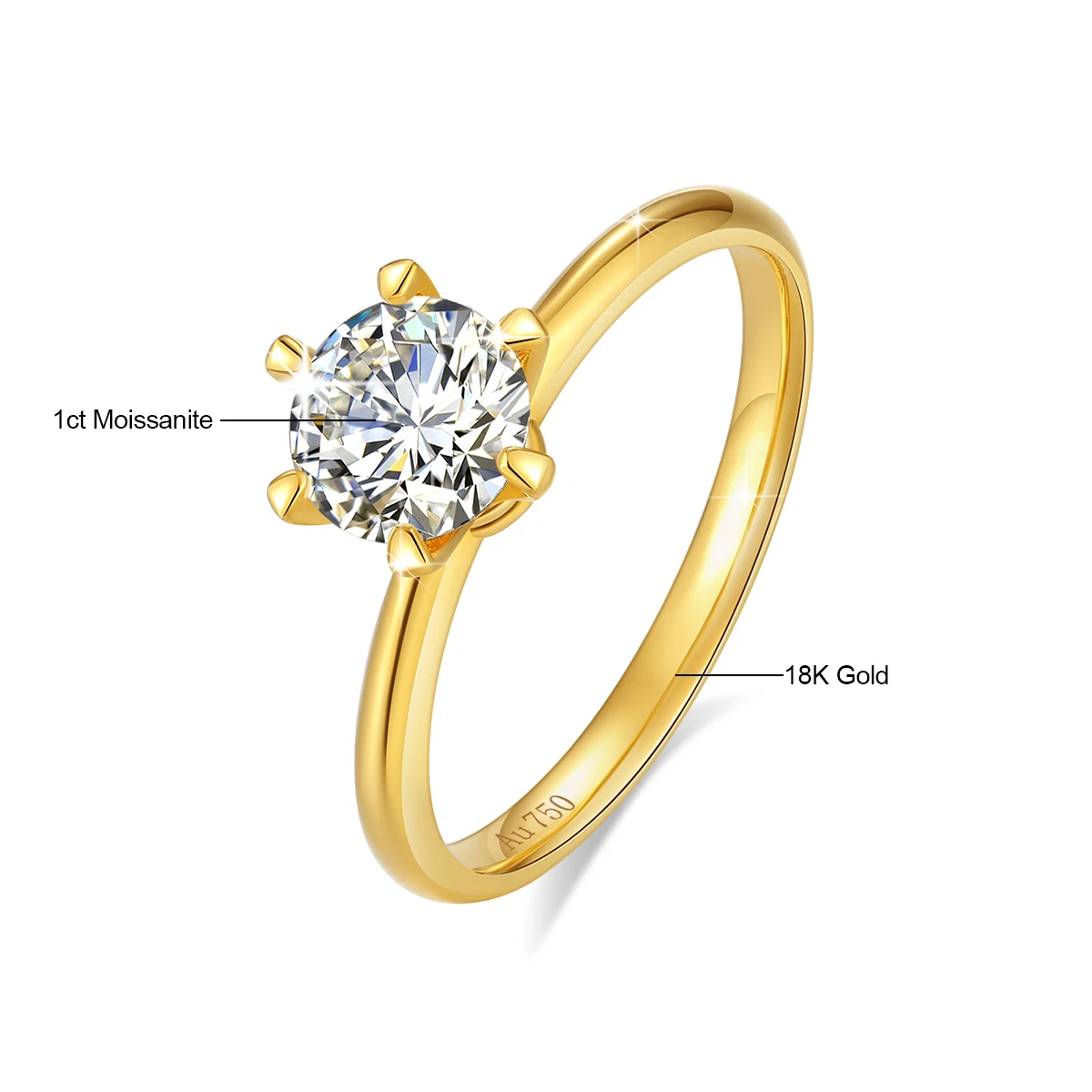 Real 18K Gold Ring AU750 with Moissanite D Color VVS1