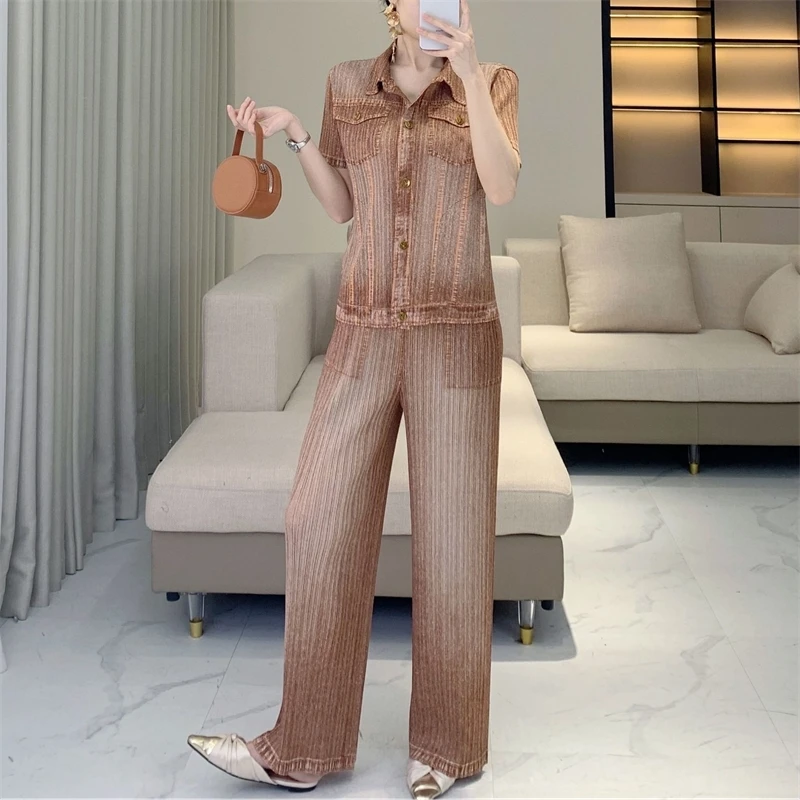 LANMREM High-end Simple Pleated Cardigan Short Sleeve Shirt And Straight Pants Fashion Imitation Denim Set For Women 2DB4494 - Image 3