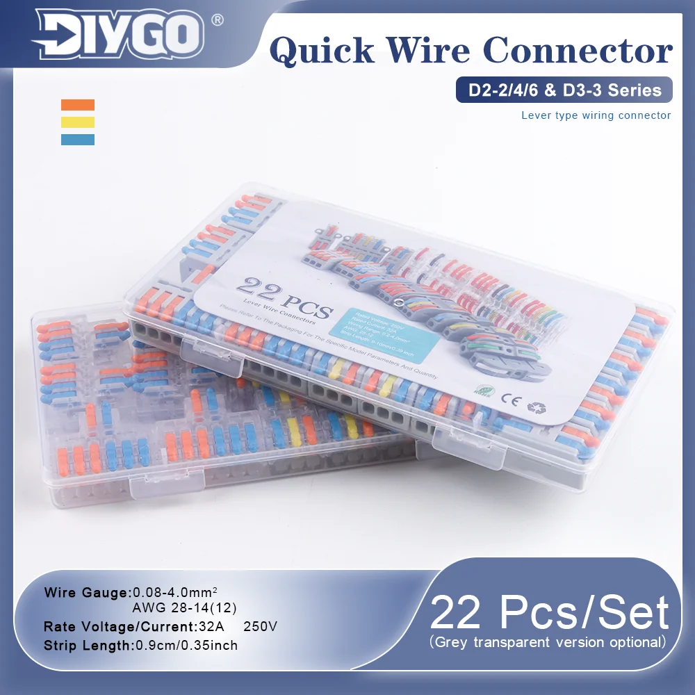 22-teiliges D2/3 Serie Grau/Transparent Schnellverbinder-Set Hebeltyp Elektrische Kabelverbinder Anschlussklemme 32A 250V 24-12AWG