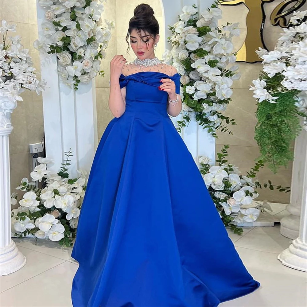 

Luxury Royal Blue A Line Evening Dresses Muslim Beads O Neck Dubai Women Prom Gowns Plus Size See Through Formal Dress vestidos