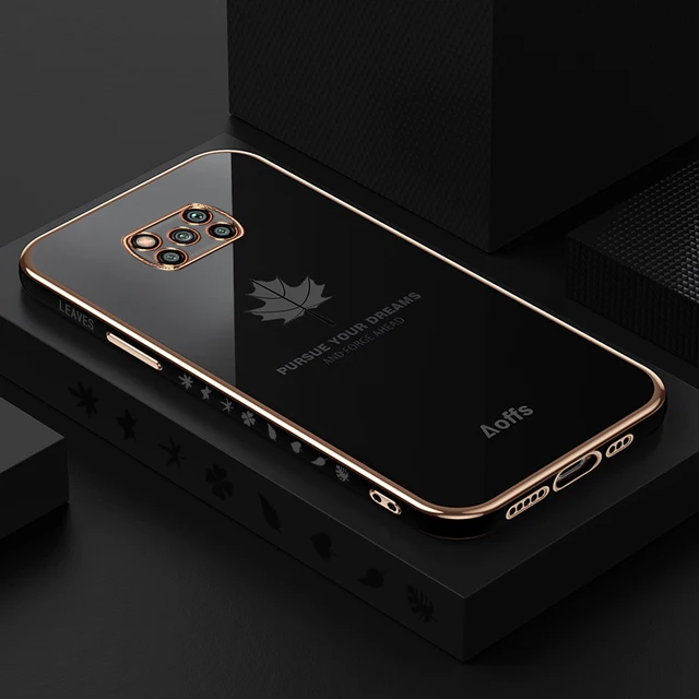 Funda de silicona chapada en hoja de arce cuadrada de lujo para Xiaomi POCO X3 NFC Pro, funda protectora suave