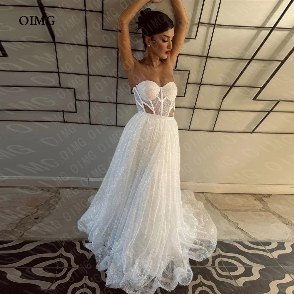

OIMG Vintage Shiny A Line Glitter Wedding Dresses Gown Sleeveless Sweetheart Long Formal Pricness Bride Bridal Gown Dress