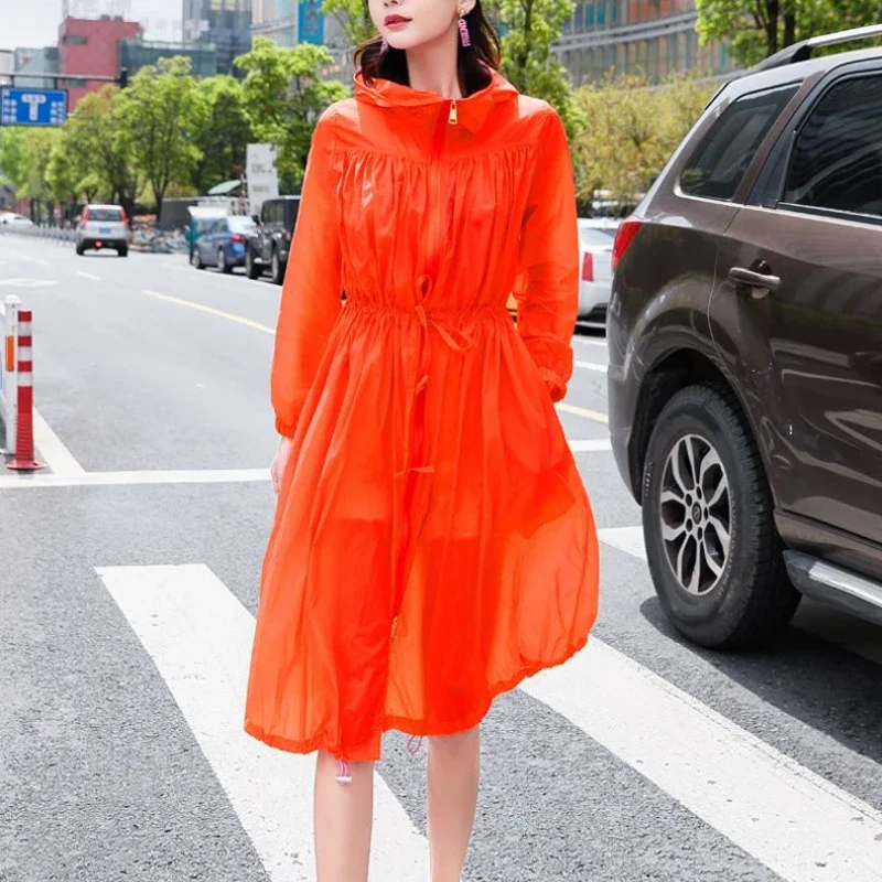 Oversized Summer Hooded Long Trench Coat Long Sleeve Jacket Sun Protection Sunscreen Lace-ups Outdoor Sweatshirts Korean Coats