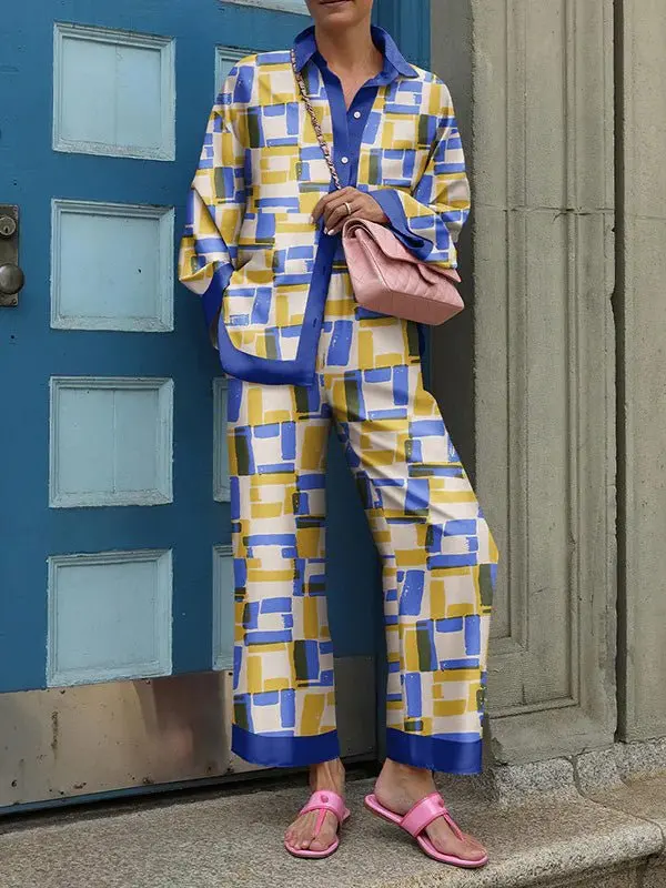 2024 Autumn New Loose Vintage Printed Pant Sets Women Long Sleeve Shirts And Wide Legs Trousers Two Piece Set Fashion Streetwear